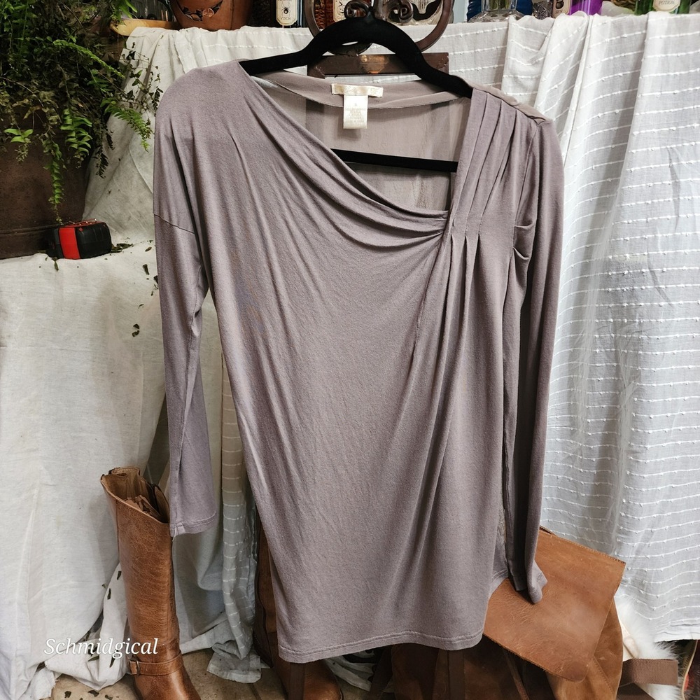 Gold Hawk Taupe Bamboo Silk Asymmetrical Pleated Draped Cowl Neck Top Small